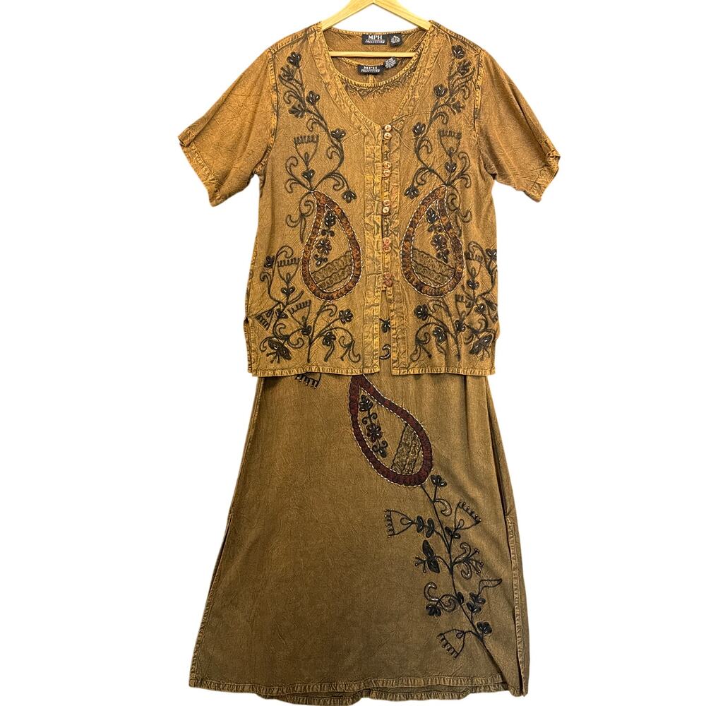 MPH Collection Vintage 90s Brown Embroidered Paisley Boho Maxi Dress Women M